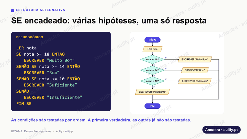 Diapositivo com pseudocódigo e o fluxograma correspondente