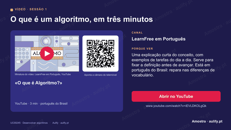 Diapositivo de vídeo, com a miniatura do vídeo, código QR para o abrir no telemóvel, canal, razão para o ver e botão para o YouTube
