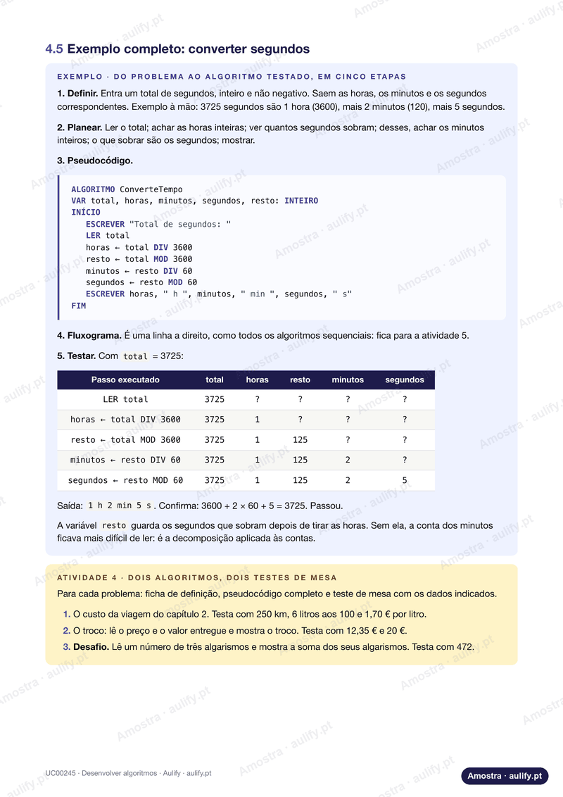 Página do manual com um exemplo completo e uma atividade
