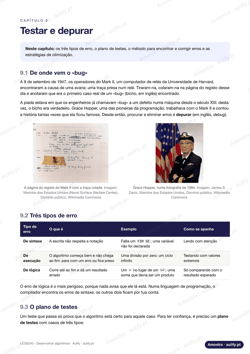 Página do manual sobre a origem da palavra «bug», com a página do registo do Mark II com a traça colada e uma fotografia de Grace Hopper, ambas com crédito
