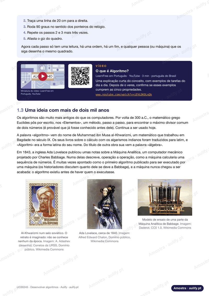 Página do manual com uma caixa de vídeo com miniatura e código QR, e a secção «Uma ideia com mais de dois mil anos», com um selo de al-Khwarizmi, o retrato de Ada Lovelace e a Máquina Analítica, cada imagem com crédito